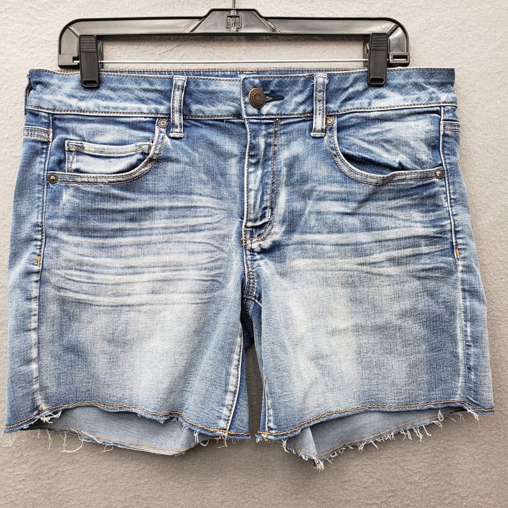 American Eagle Midi Denim Shorts Super Super Stretch Frayed Distressed Grunge 12